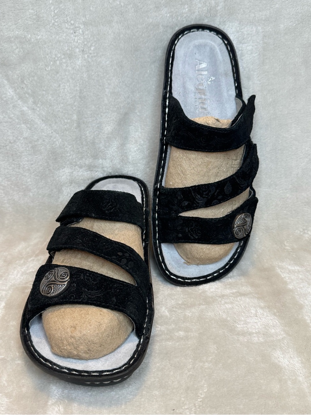 Alegria Black Triple-Strap Slide Sandals with Decorative Button